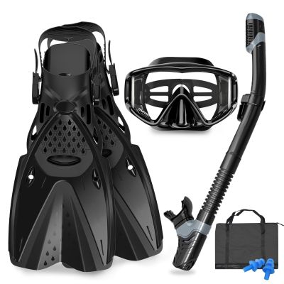 AosDero Mask Fins Snorkeling Gear for Adults Men Women, Panoramic View Diving Mask, Anti-Fog Dry Top Snorkel, Adjustable Freediving Swimming Fins/Flippers, Travel Bags for Lap Swimming