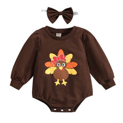 Thanksgiving Clothes Infant Boys Girls Long Sleeve Cartoon Prints Triangle Romper Bodysuits (Coffee, 6-12 Months)