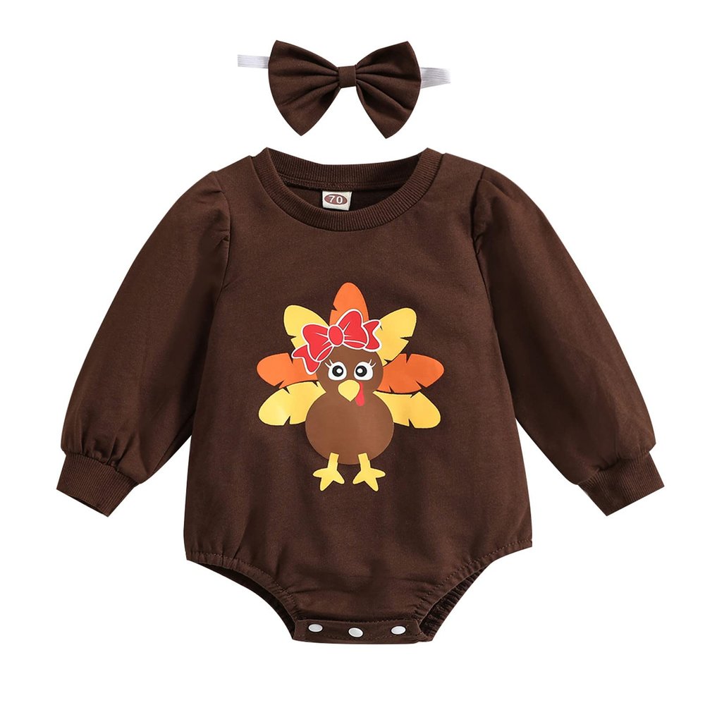 Thanksgiving Clothes Infant Boys Girls Long Sleeve Cartoon Prints Triangle Romper Bodysuits (Coffee, 6-12 Months)