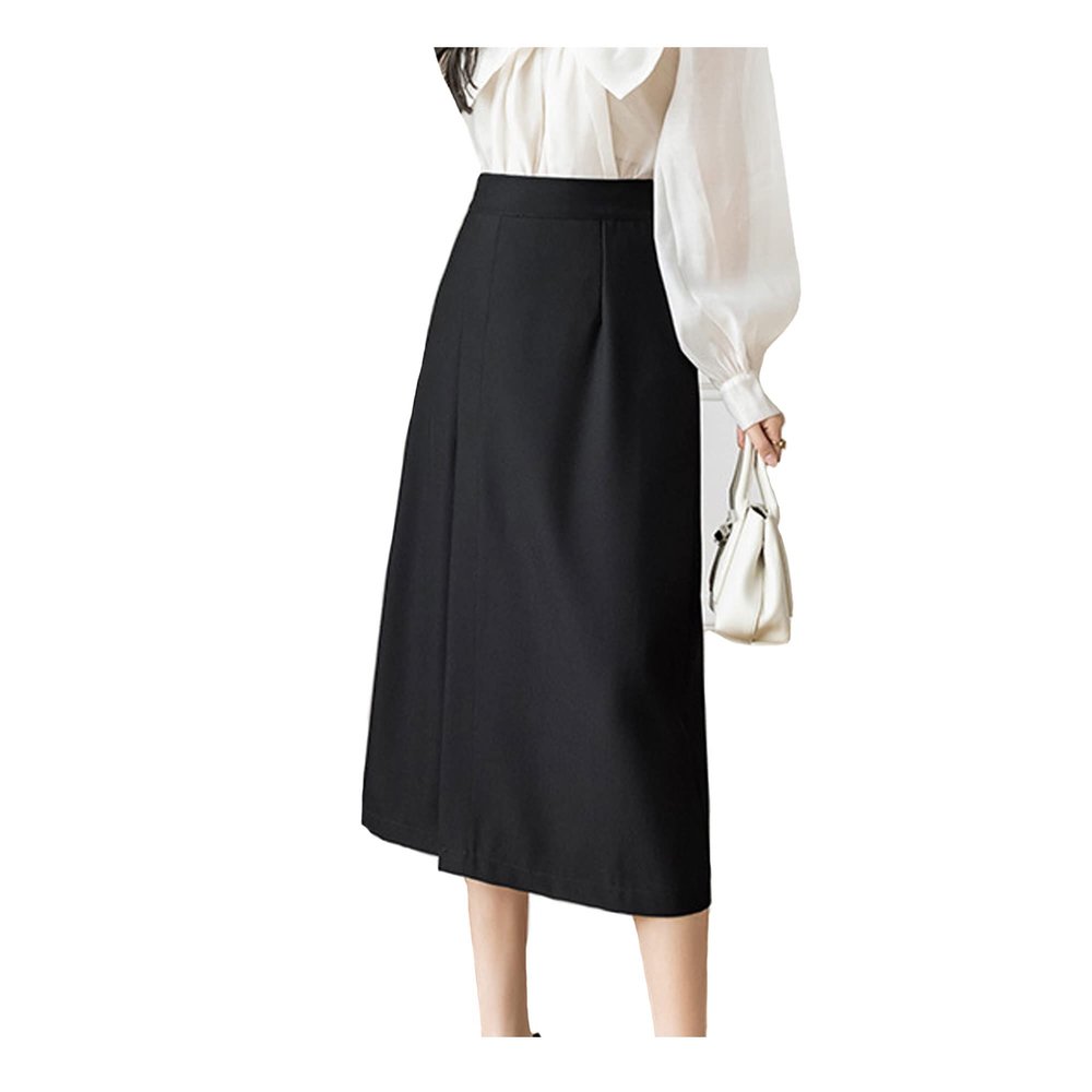 Bestgift Women's Autumn Retro mid-Length high Waist a-line Skirt Black L