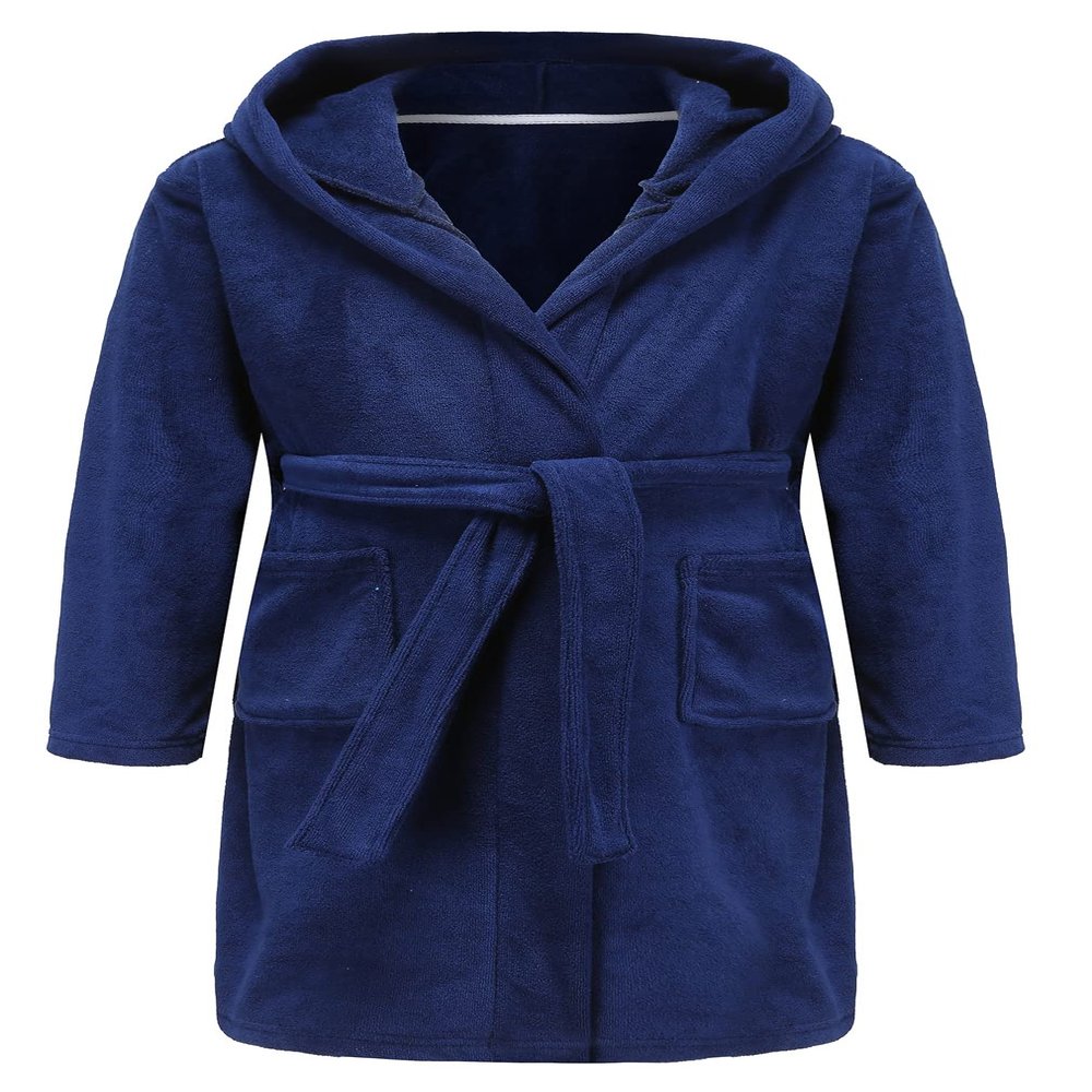 E.W Apparel Kids Boys Girls Hooded Towelling Bathrobe Dressing Gown Soft Terry Cloth Robe(Navy,11-12 Years)