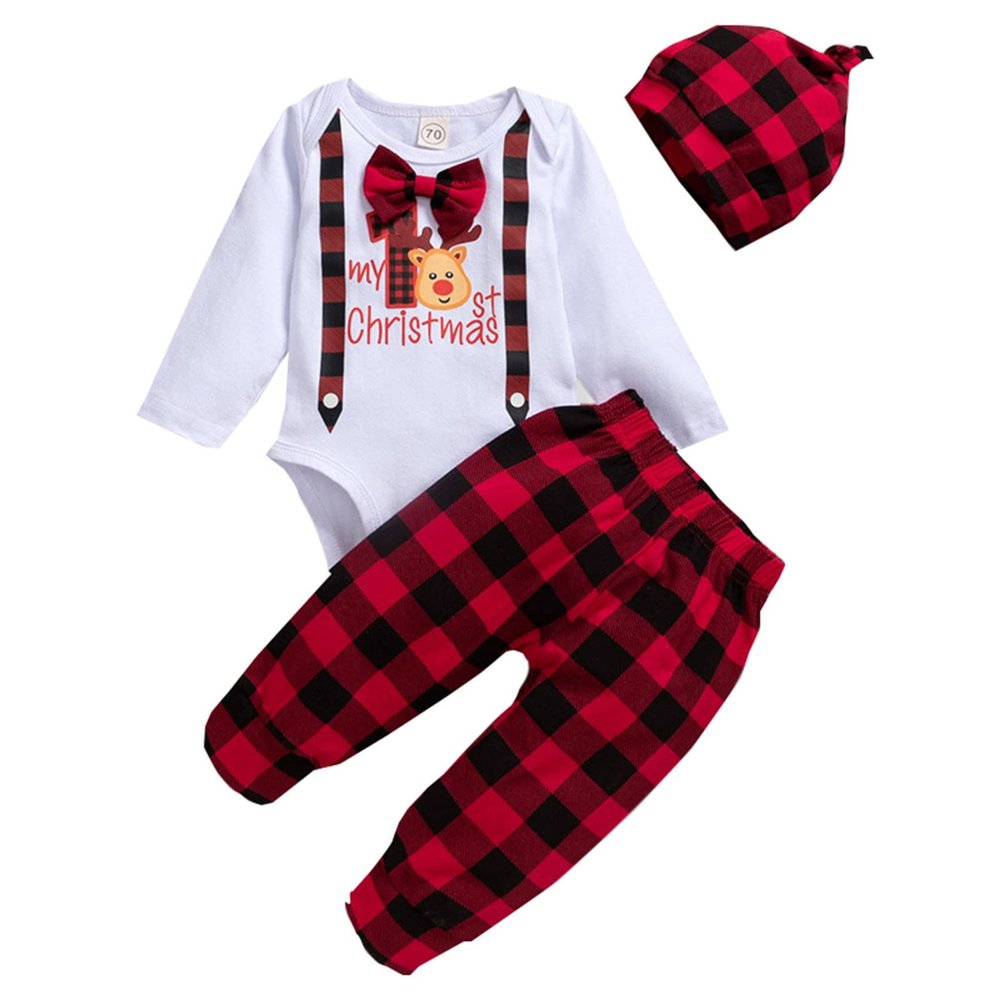 Infant Boys Girls Christmas Long Sleeve Jumpsuit Tops Plaid Pants Hat Newborn Outfits 3PCS Outfits (Yellow, 0-3 Months)