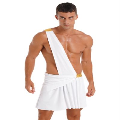 Zaldita Men's Sexy Toga Costume One Shoulder Ancient Greek Cosplay Outfit for Halloween Party White Large