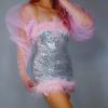 DooWay Pink Long Mesh Gloves Women Oversize Stretch Ruched Sleeves Sheer 59" Evening Wedding Gloves view 3