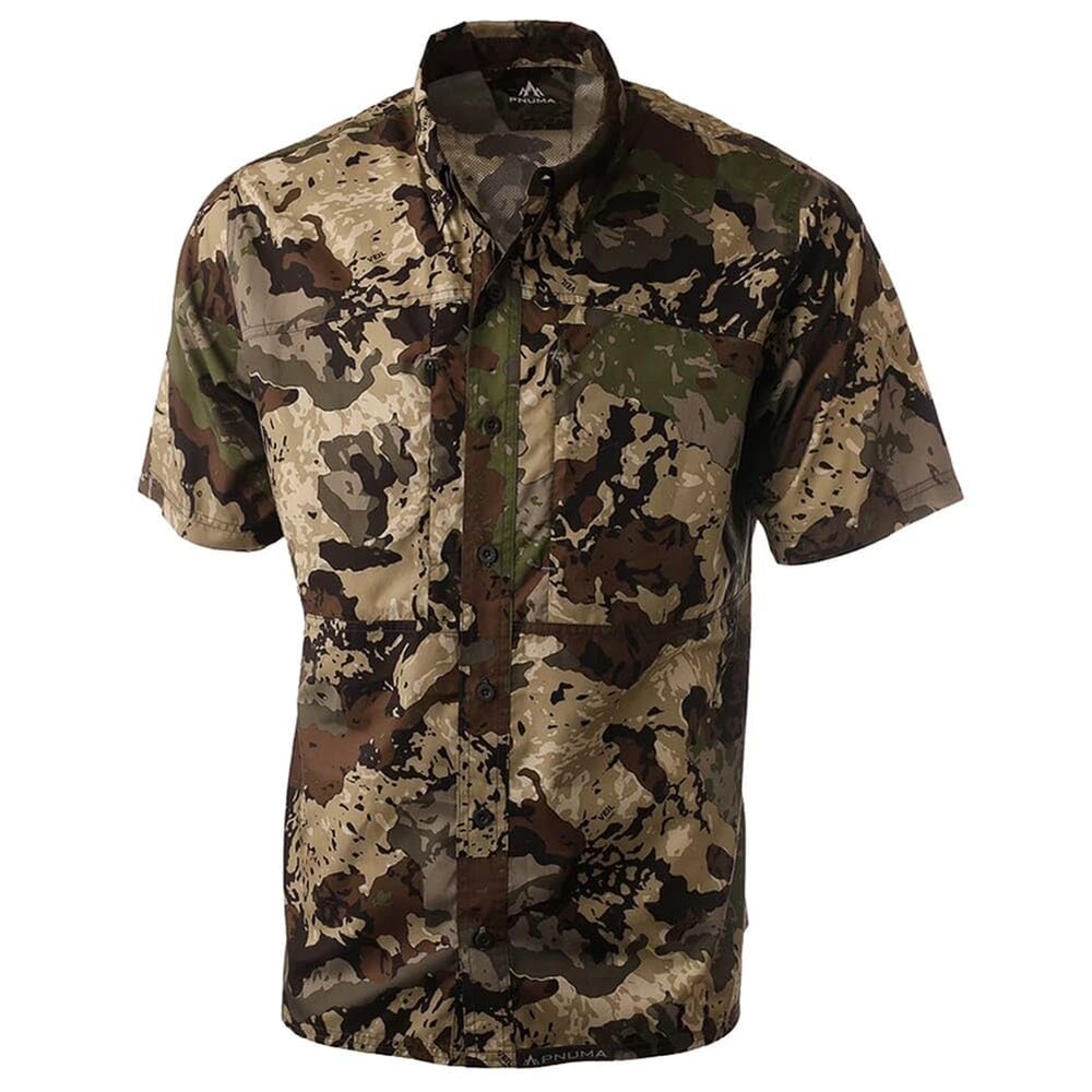 Pnuma Outdoors Short Sleeve Shooting Shirt, Caza Camo, Moisture Wicking, UPF 30+, Odor Control, Athletic Fit (PSSSSC)