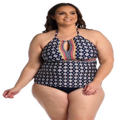 24th & Ocean Women's Strappy High Neck Tankini Swimsuit Top, Midnight//Alexandria Tile, 22W