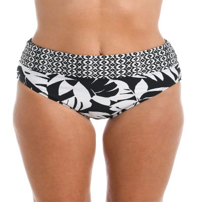 24th & Ocean Women's Mid Waist Spliced Bikini Bottom Swimsuit, Black/White//Antigua Leaf, M