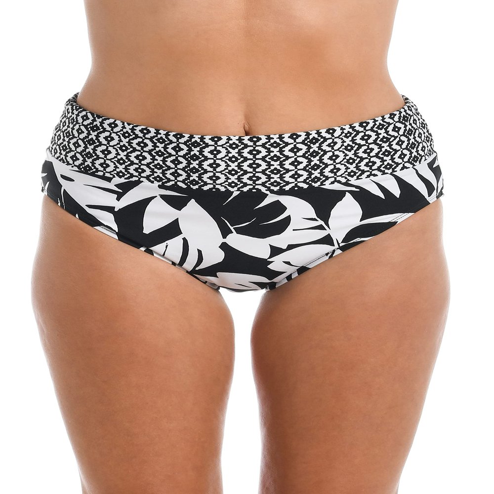 24th & Ocean Women's Mid Waist Spliced Bikini Bottom Swimsuit, Black/White//Antigua Leaf, M