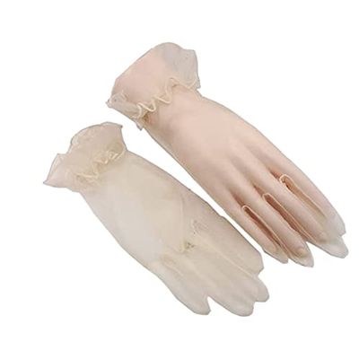 Yunyuebridal Vintage Women's Cocktail Party Tulle Gloves Pleated Ruffle Semi Sheer Short Graduation Dress Decor,Champagne