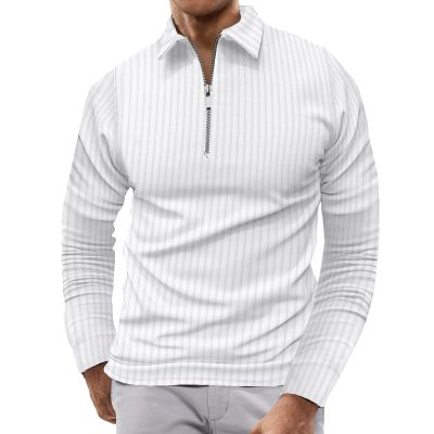 Rela Bota Mens Long Sleeve Polo Shirt Zip Stripe Shirt Casual Golf Polo Shirts for Men Slim Fit White XXL