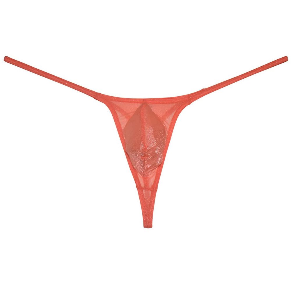 Mens Shiny Mesh String Thong Underwear Sheer T-Back Minimum Coverage Contour Pouch Tangas Orange L