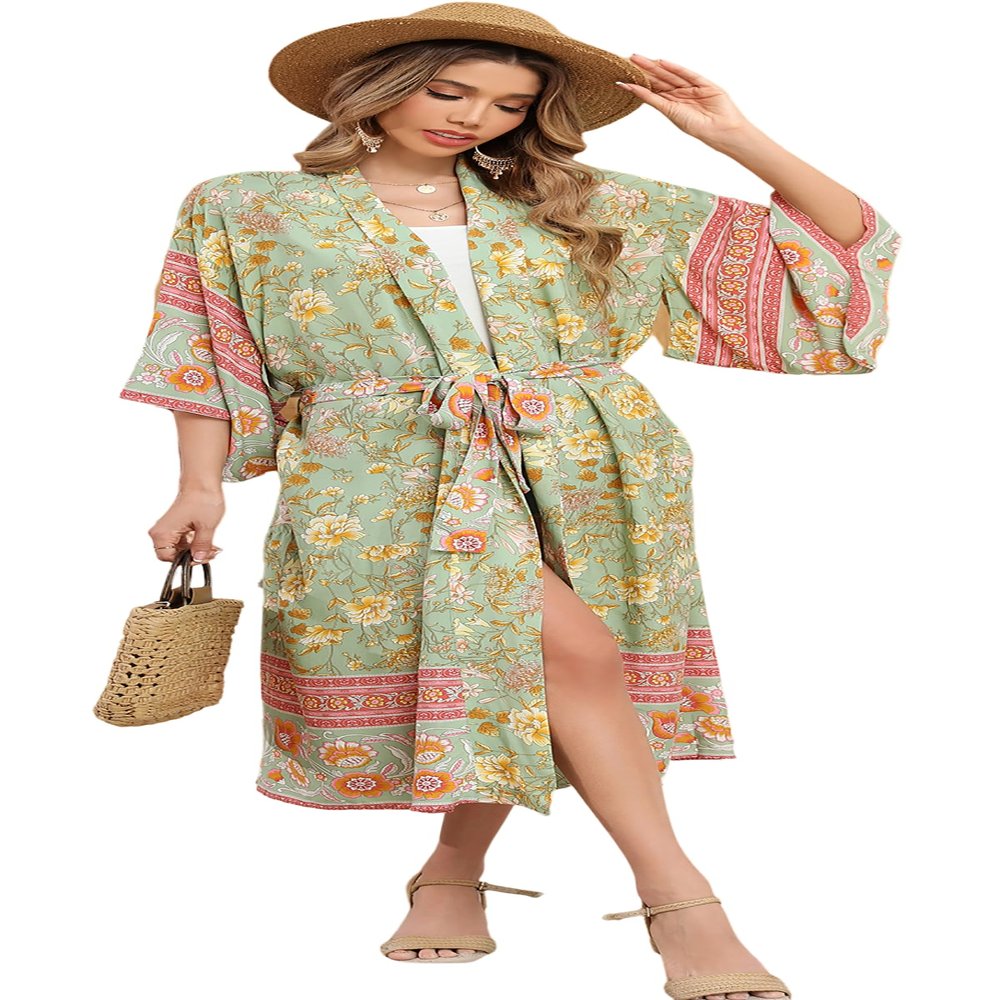 R.Vivimos Women's Vintage Floral Print Beach Boho Cardigan Kimono Maxi Swimwear Cover up Dress Wrap (Small, LightGreen#2)