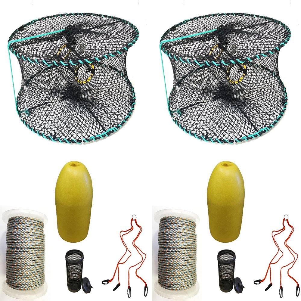 2-Pack of KUFA Sports Foldable Prawn Trap (Stretched Mesh Size:1-1/8") with 400' Rope, Yellow Float, Bait Bag & Harness Combo (PRN58+PHQH1) x2