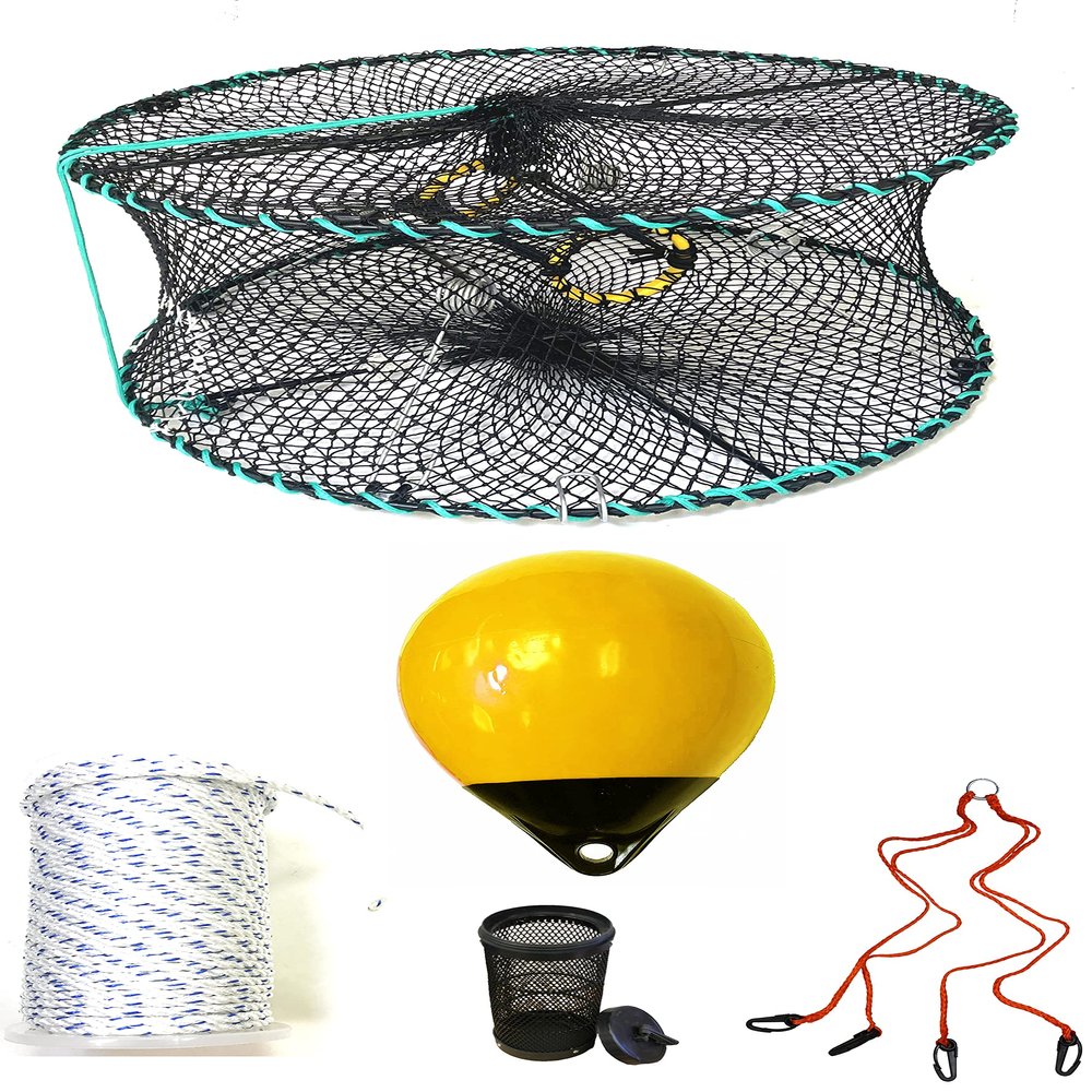 KUFA Sports Foldable Prawn Trap (Stretched Mesh Size:1-1/8") with 400' Rope, Yellow Float, Bait Bag & Harness Combo (PRN58+PHSH30Y)