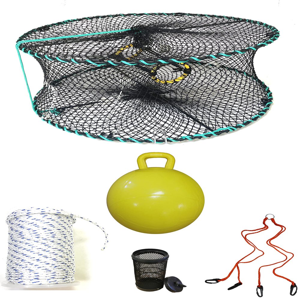 KUFA Sports Foldable Prawn Trap (Stretched Mesh Size:1-1/8") with 400' Rope, Yellow Float, Bait Bag & Harness Combo (PRN58+PHMH5)