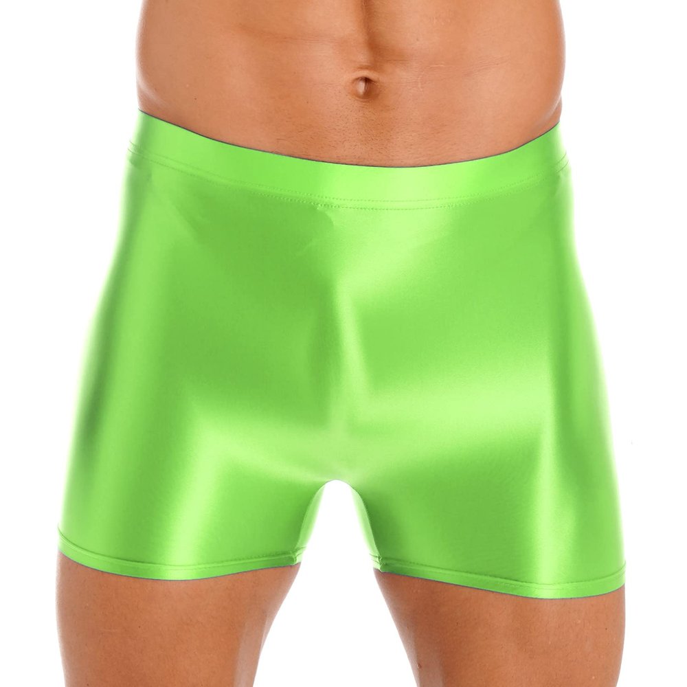 easyforever Mens Shiny Glossy Oily Tight Panties Shorts Trunks Nylon Sheer High Elastic Underwear FluorescentGreen Large