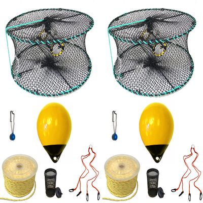 2-Pack of KUFA Sports Foldable Prawn Trap (Stretched Mesh Size:1-1/8") with 400' Rope, Yellow Float, Bait Bag & Harness Combo (PRN58+PHPH38Y) x2