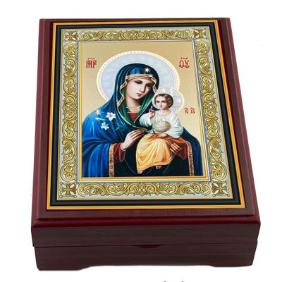 Needzo Rosary Box Madonna Icon Box Virgin Mary Box for Prayer Beads Jewelry Eternal Bloom Madonna and Christ Wooden Keepsake Holder 5 nch, Religious Gift