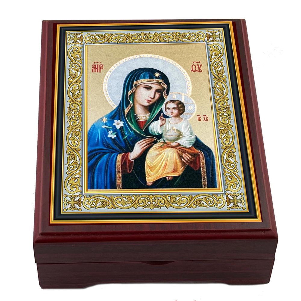 Needzo Rosary Box Madonna Icon Box Virgin Mary Box for Prayer Beads Jewelry Eternal Bloom Madonna and Christ Wooden Keepsake Holder 5 nch, Religious Gift