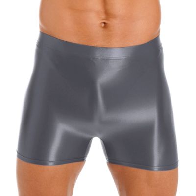 easyforever Mens Shiny Glossy Oily Tight Panties Shorts Trunks Nylon Sheer High Elastic Underwear Grey Large