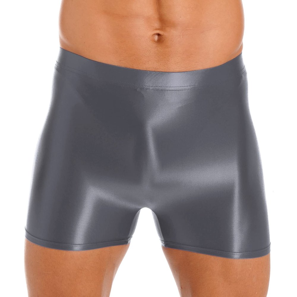 easyforever Mens Shiny Glossy Oily Tight Panties Shorts Trunks Nylon Sheer High Elastic Underwear Grey Large