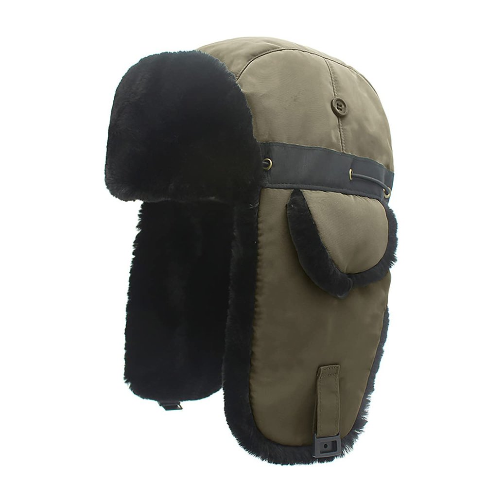Trapper Trooper Hat, Ushanka, Windproof Winter Hat, w/Thick Faux Fur, Ear Flaps, Chin Strap, Thick Fleece, Unisex (Khaki-Black)