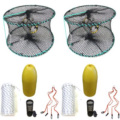 2-Pack of KUFA Sports Foldable Prawn Trap (Stretched Mesh Size:1-1/8") with 400' Rope, Yellow Float, Bait Bag & Harness Combo (PRN58+PHSH3) x2