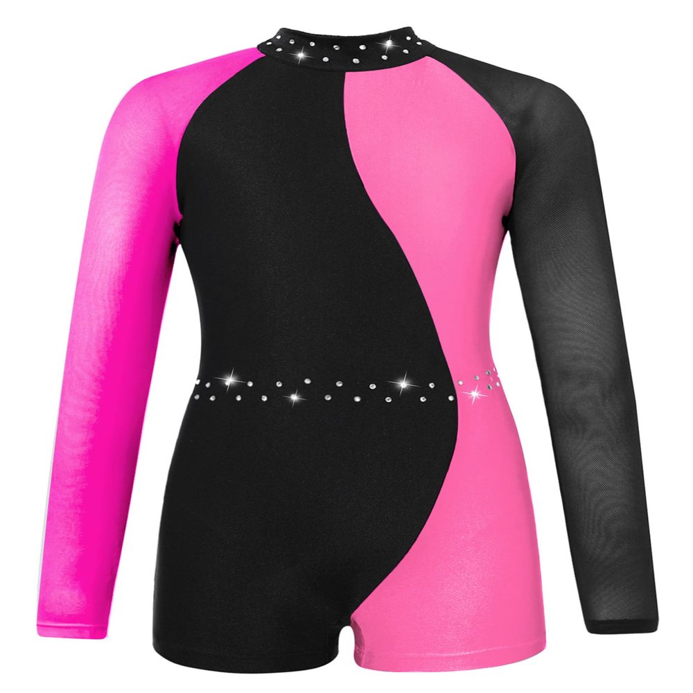 easyforever Girl's Sequins Rhinestones Dance Leotard Biketard Mesh Long Sleeves Patchwork Jumpsuit Bodysuit Dancewear Rose 6 Years