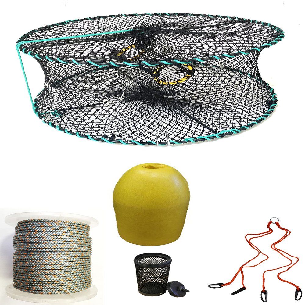 KUFA Sports Foldable Prawn Trap (Stretched Mesh Size:1-1/8") with 400' Rope, Yellow Float, Bait Bag & Harness Combo (PRN58+PHQH1)