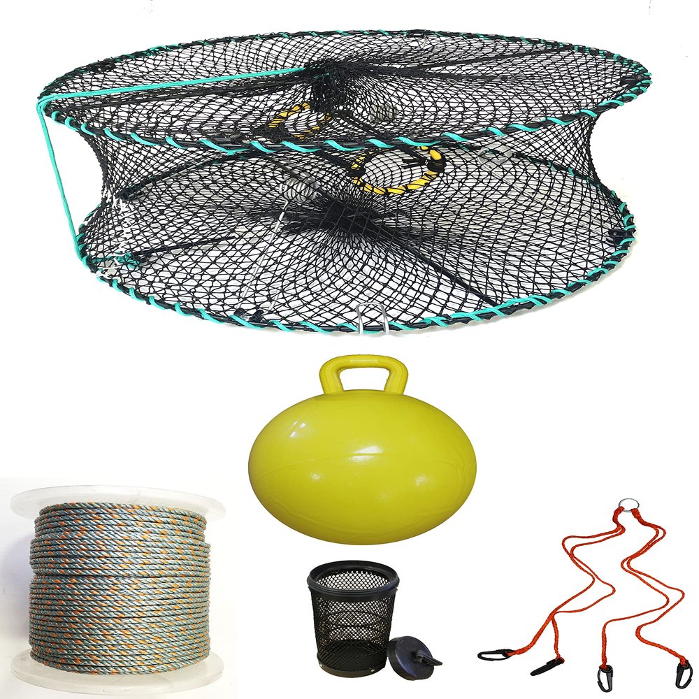 KUFA Sports Foldable Prawn Trap (Stretched Mesh Size:1-1/8") with 400' Rope, Yellow Float, Bait Bag & Harness Combo (PRN58+PHQH5)