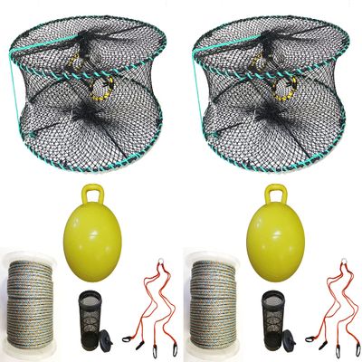 2-Pack of KUFA Sports Foldable Prawn Trap (Stretched Mesh Size:1-1/8") with 400' Rope, Yellow Float, Bait Bag & Harness Combo (PRN58+PHQH5) x2