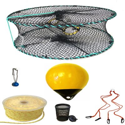 KUFA Sports Foldable Prawn Trap (Stretched Mesh Size:1-1/8") with 400' Rope, Yellow Float, Bait Bag & Harness Combo (PRN58+PHPH38Y)