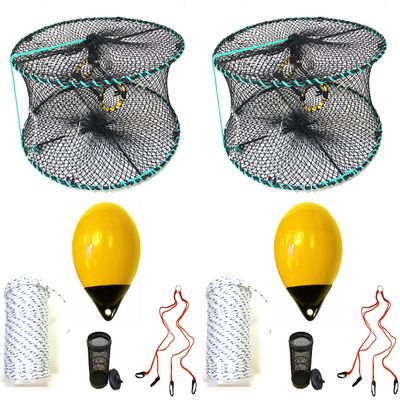 2-Pack of KUFA Sports Foldable Prawn Trap (Stretched Mesh Size:1-1/8") with 400' Rope, Yellow Float, Bait Bag & Harness Combo (PRN58+PHSH30Y) x2