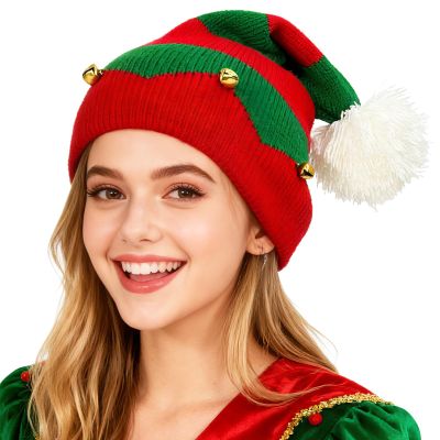 Adult Elf Knitted Hat for Women Men Beanie Christmas Knit Xmas Santa Hat Beanie Jingle Bell Elf Christmas Hat