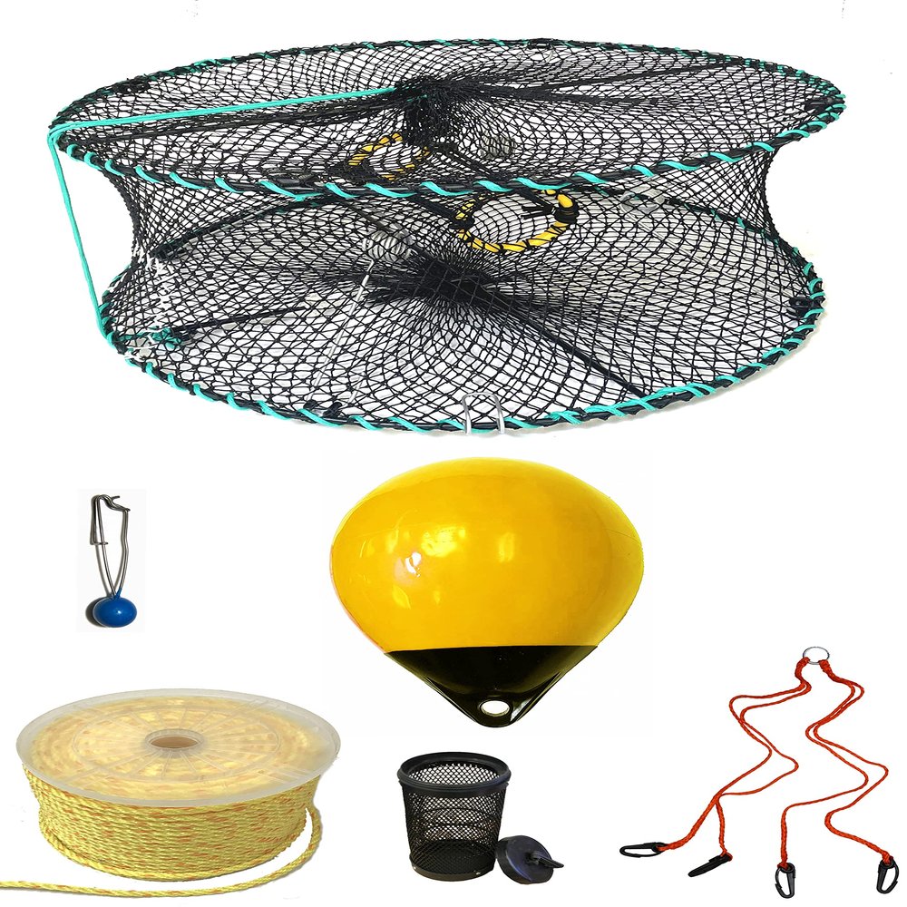 KUFA Sports Foldable Prawn Trap (Stretched Mesh Size:1-1/8") with 400' Rope, Yellow Float, Bait Bag & Harness Combo (PRN58+PHPH30Y)
