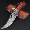 KOMWERO Damascus Pocket Knife for Men Women, Sharp VG10 Core Damascus Steel Knife for Outdoor Camping Survival Hunting - Wood Handle, Ball Bearing, Leather Sheath, Liner Lock view 1