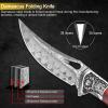 KOMWERO Damascus Pocket Knife for Men Women, Sharp VG10 Core Damascus Steel Knife for Outdoor Camping Survival Hunting - Wood Handle, Ball Bearing, Leather Sheath, Liner Lock view 2