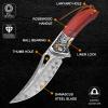 KOMWERO Damascus Pocket Knife for Men Women, Sharp VG10 Core Damascus Steel Knife for Outdoor Camping Survival Hunting - Wood Handle, Ball Bearing, Leather Sheath, Liner Lock view 3