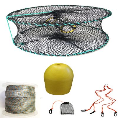 KUFA Sports Foldable Prawn Trap (Stretched Mesh Size:1-1/8") with 400' Rope, Yellow Float, Bait Bag & Harness Combo (PRN58+PHQH3)