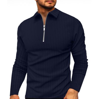 Rela Bota Mens Long Sleeve Polo Shirt Zip Stripe Shirt Casual Golf Polo Shirts for Men Slim Fit Navy M