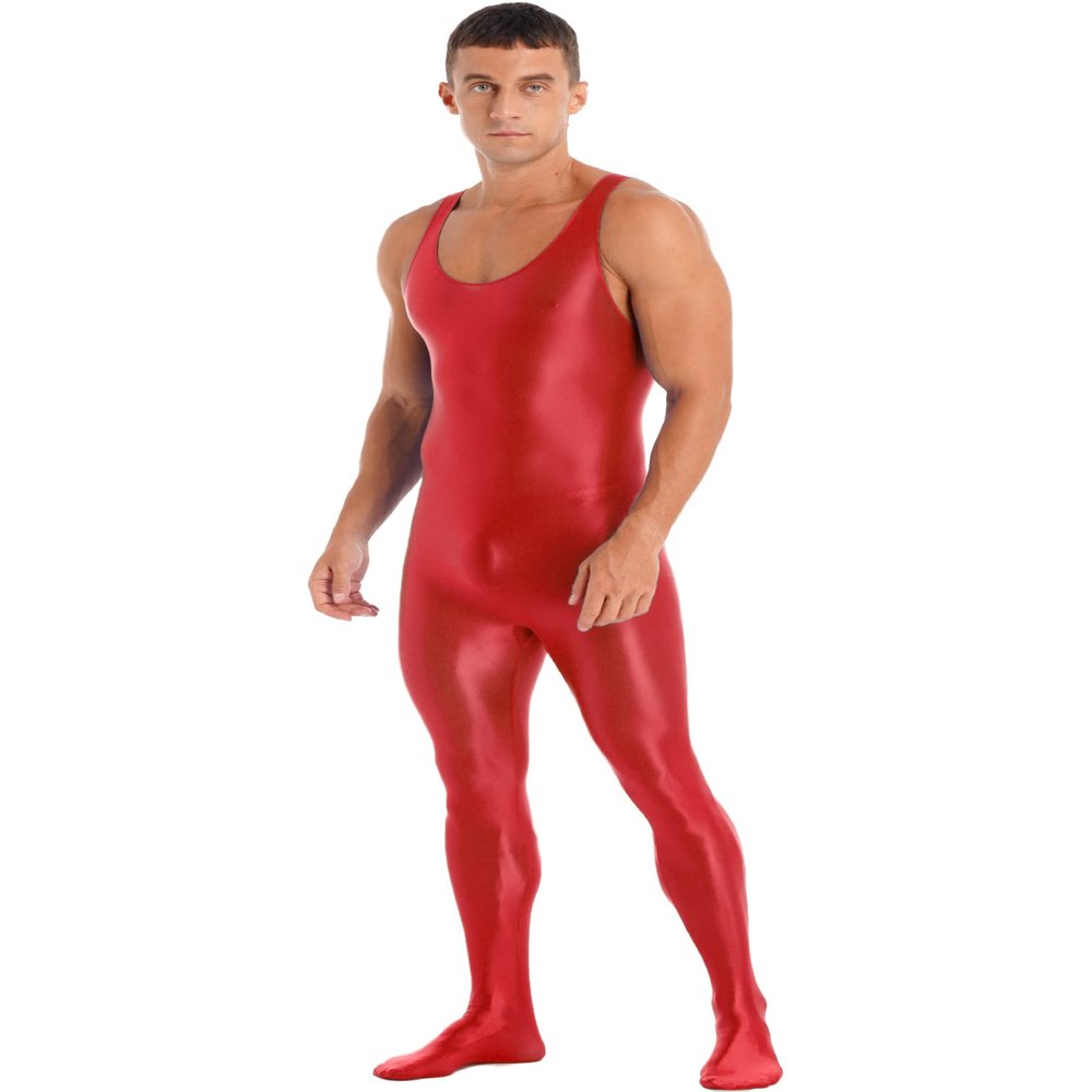 Linjinx Men's Shiny Oil Glossy Body Stocking Footed Dance Tights Night Club Gay Wear Jumpsuits Red X-Large