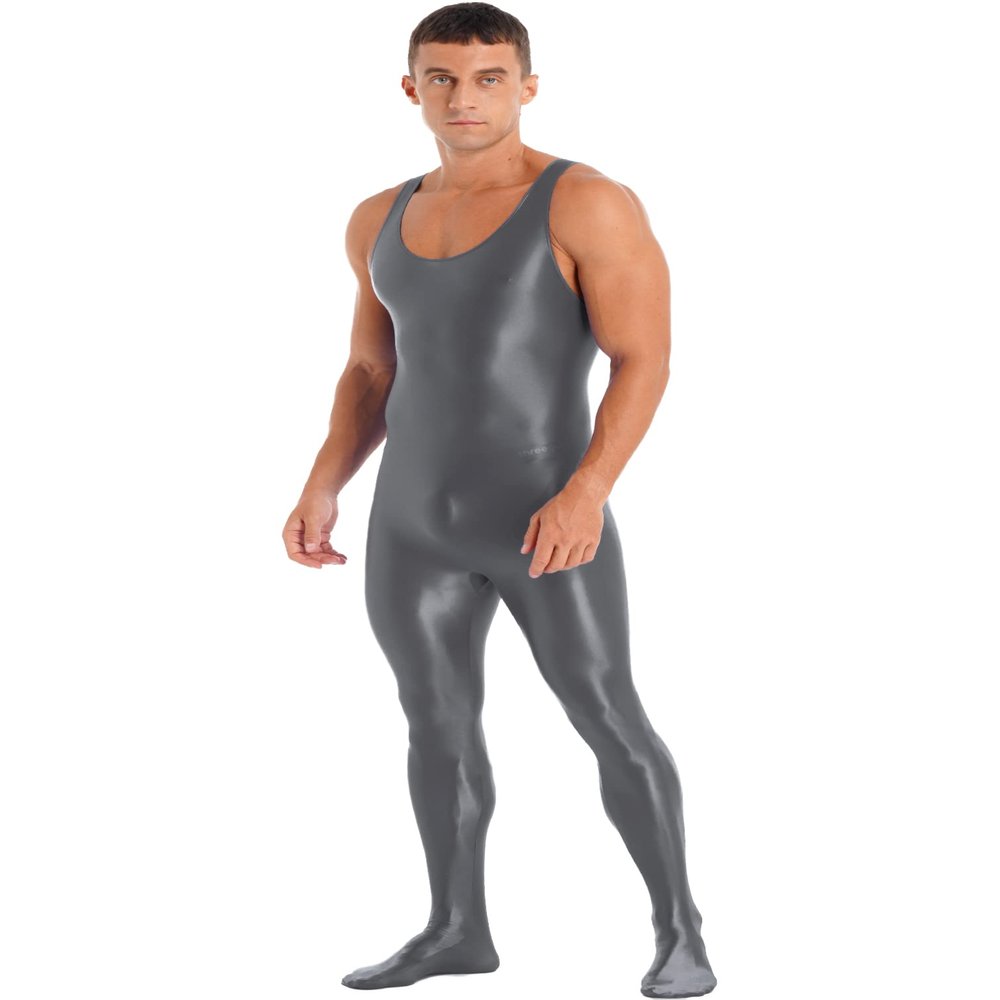 Linjinx Men's Shiny Oil Glossy Body Stocking Footed Dance Tights Night Club Gay Wear Jumpsuits Dark Grey Medium