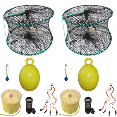 2-Pack of KUFA Sports Foldable Prawn Trap (Stretched Mesh Size:1-1/8") with 400' Rope, Yellow Float, Bait Bag & Harness Combo (PRN58+PHPH5) x2