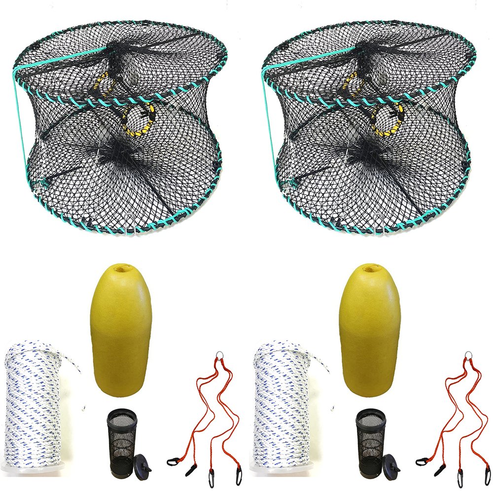 2-Pack of KUFA Sports Foldable Prawn Trap (Stretched Mesh Size:1-1/8") with 400' Rope, Yellow Float, Bait Bag & Harness Combo (PRN58+PHSH1) x2