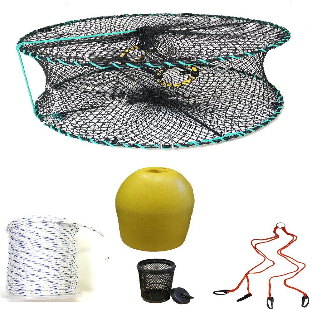 KUFA Sports Foldable Prawn Trap (Stretched Mesh Size:1-1/8") with 400' Rope, Yellow Float, Bait Bag & Harness Combo (PRN58+PHSH3)