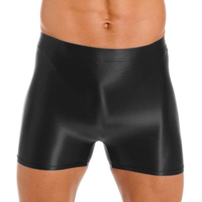 easyforever Mens Shiny Glossy Oily Tight Panties Shorts Trunks Nylon Sheer High Elastic Underwear Black Large