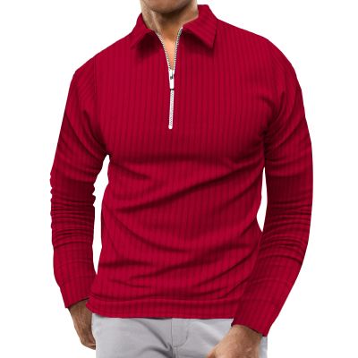 Mens Long Sleeve Polo Shirt Zip Stripe Shirt Casual Golf Polo Shirts for Men Slim Fit Red M