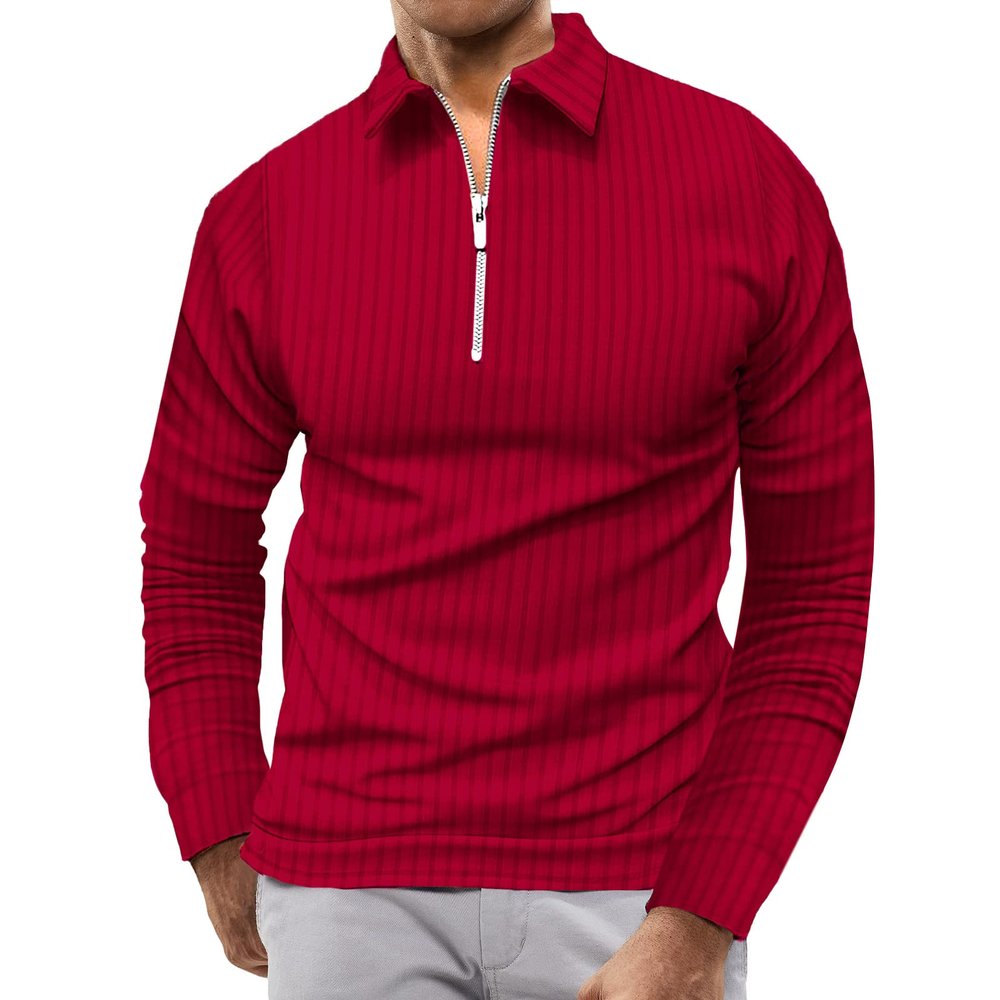 Mens Long Sleeve Polo Shirt Zip Stripe Shirt Casual Golf Polo Shirts for Men Slim Fit Red M