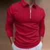 Mens Long Sleeve Polo Shirt Zip Stripe Shirt Casual Golf Polo Shirts for Men Slim Fit Red M view 3