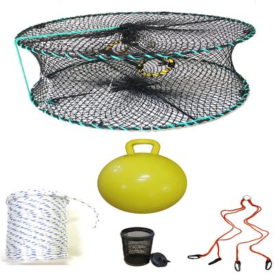 KUFA Sports Foldable Prawn Trap (Stretched Mesh Size:1-1/8") with 400' Rope, Yellow Float, Bait Bag & Harness Combo (PRN58+PHSH5)